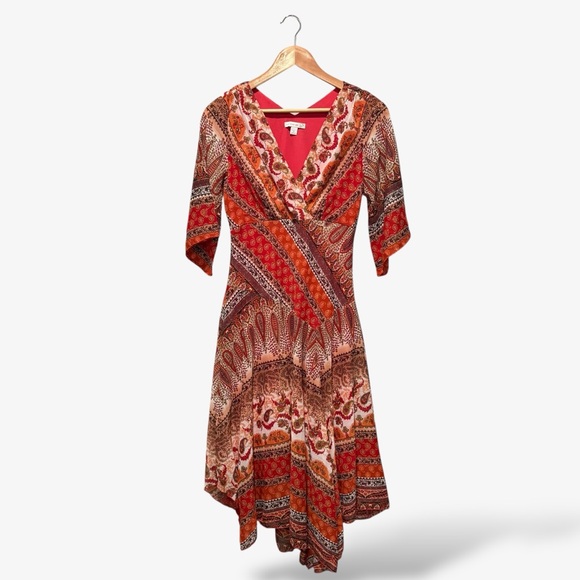 Westport 1962 Dresses & Skirts - Westport 1962 Midi Dress Size 6 Red Brown Metallic Paisley Print V-Neck Casual